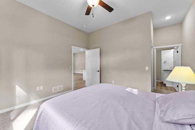 bedroom featuring recessed lighting, baseboards, visible vents, and ceiling fan