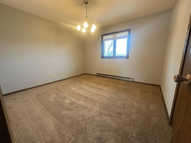 unfurnished room with a baseboard heating unit, baseboards, and light carpet