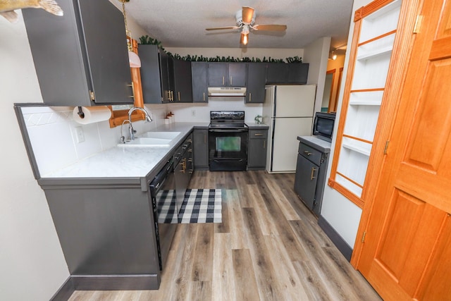 kitchen with ceiling fan, under cabinet range hood, light wood-type flooring, black appliances, and a sink