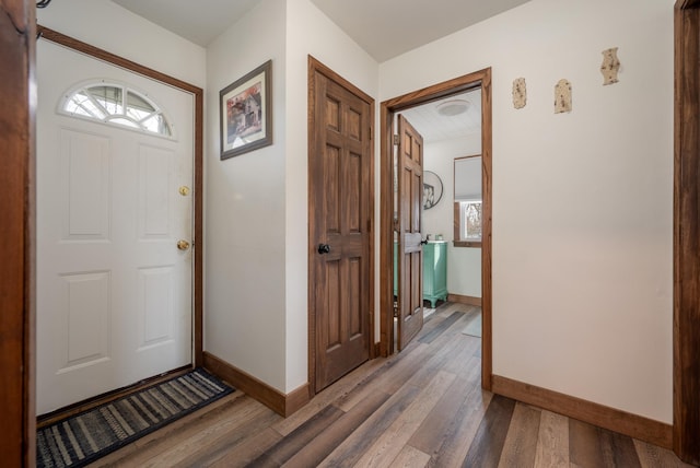 foyer entrance with baseboards and hardwood / wood-style flooring