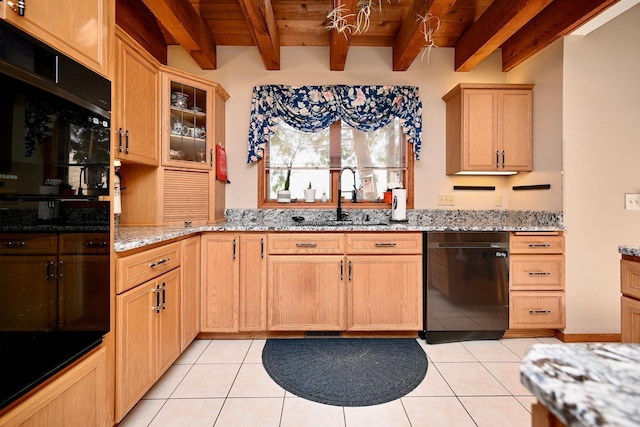 kitchen featuring light tile patterned flooring, wooden ceiling, black appliances, and a sink