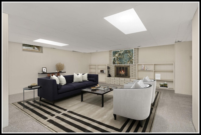 carpeted living area with a brick fireplace