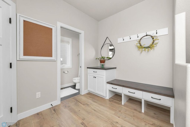 mudroom featuring baseboards and light wood-style flooring