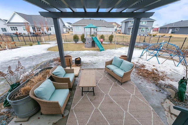 view of patio with an outdoor living space, a playground, a fenced backyard, and a residential view