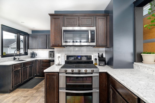 kitchen with a sink, stainless steel appliances, backsplash, and dark brown cabinetry