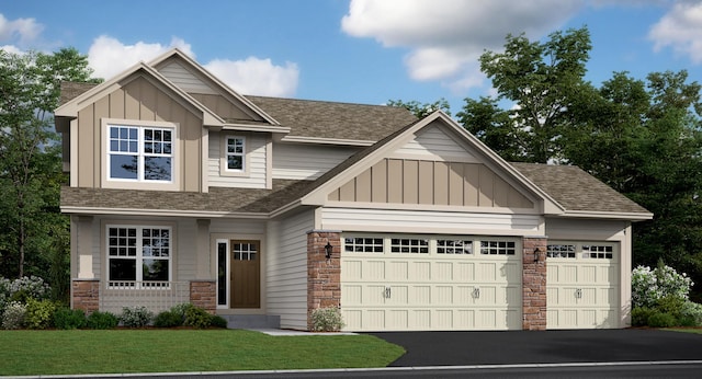 craftsman house featuring roof with shingles, an attached garage, stone siding, aphalt driveway, and board and batten siding