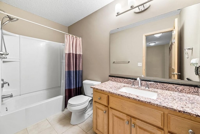 bathroom featuring shower / bathtub combination with curtain, toilet, a textured ceiling, tile patterned flooring, and vanity