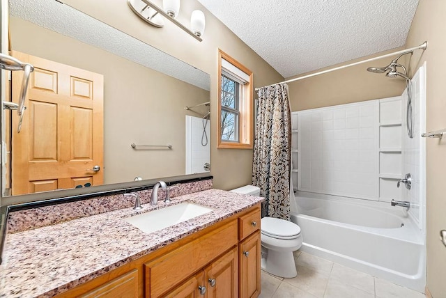 full bath with tile patterned flooring, toilet, shower / tub combo with curtain, vanity, and a textured ceiling