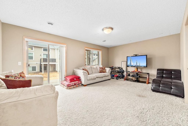 living room with a healthy amount of sunlight, a textured ceiling, and carpet floors