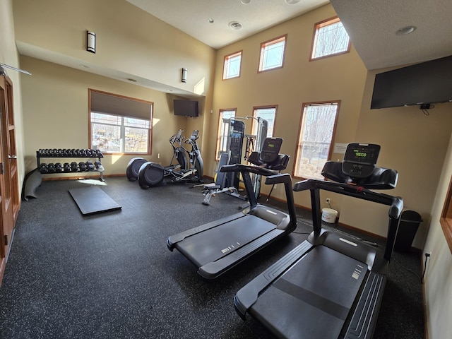 workout area featuring baseboards and a towering ceiling