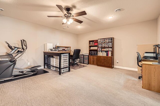 carpeted home office featuring a ceiling fan, baseboards, and recessed lighting