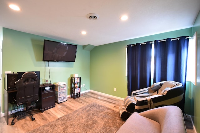 office area featuring recessed lighting, visible vents, light wood-style flooring, and baseboards