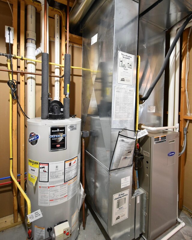 utility room featuring gas water heater and heating unit