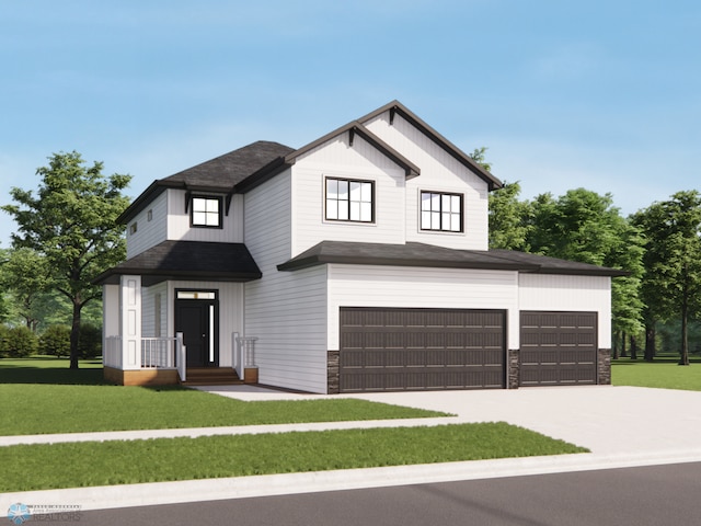 modern farmhouse style home with stone siding, roof with shingles, concrete driveway, a front yard, and an attached garage