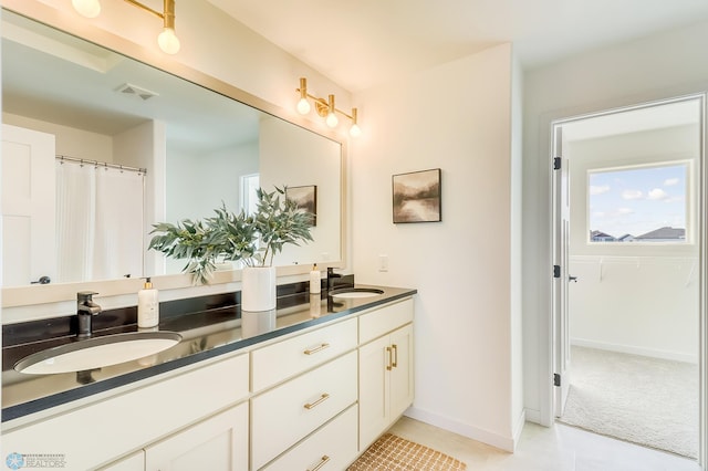 bathroom with a sink, visible vents, baseboards, and double vanity