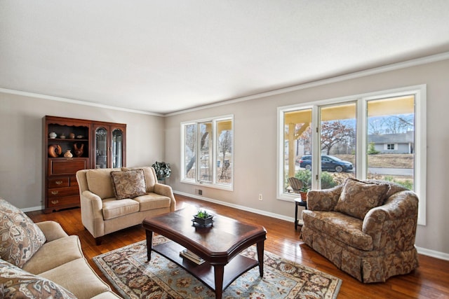 living area featuring baseboards, wood-type flooring, and ornamental molding