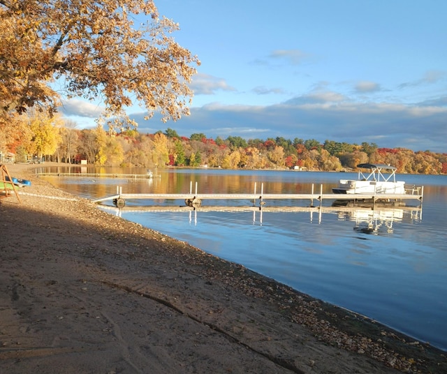 dock area with a view of trees and a water view