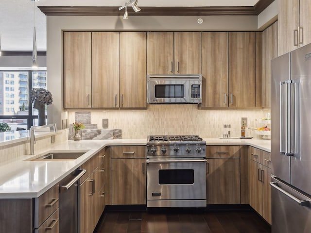 kitchen featuring tasteful backsplash, high quality appliances, dark wood-style floors, and light countertops