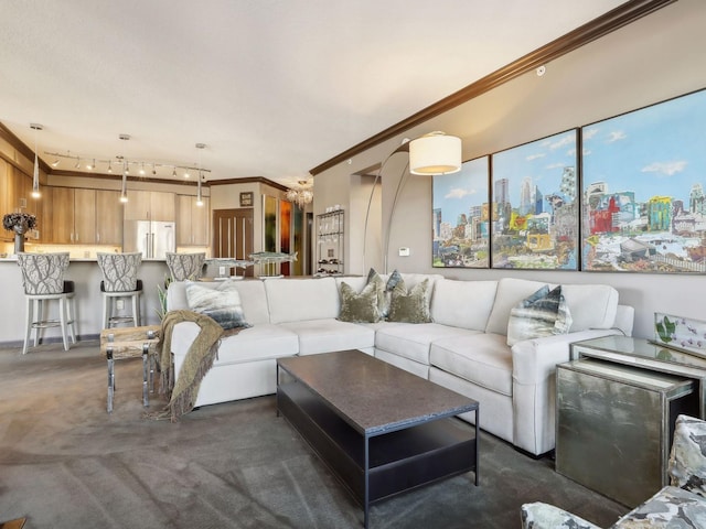 carpeted living area with track lighting, a view of city, and crown molding