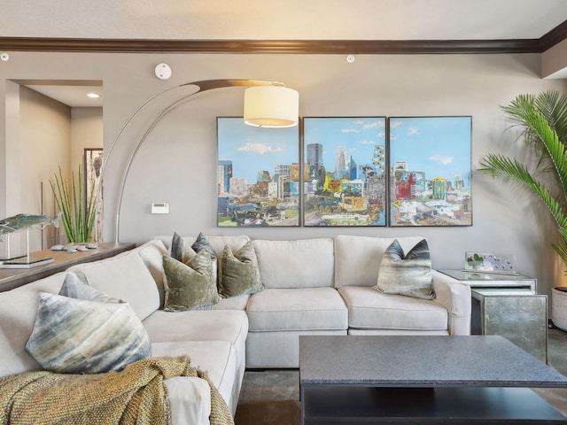 living room with a city view and ornamental molding