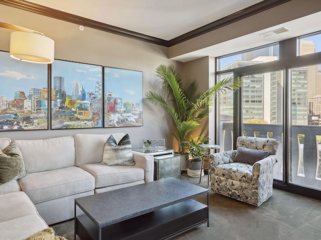 living area with visible vents, a view of city, ornamental molding, carpet, and a wall of windows