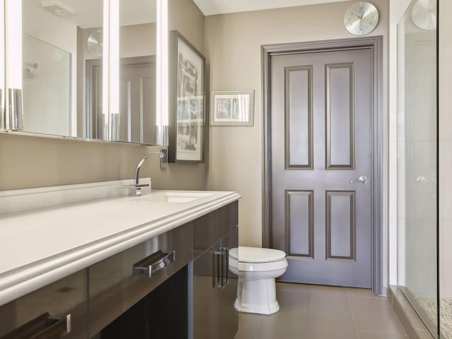 full bath with tile patterned flooring, a shower, toilet, and vanity