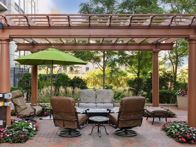 view of patio featuring an outdoor hangout area, a pergola, and fence