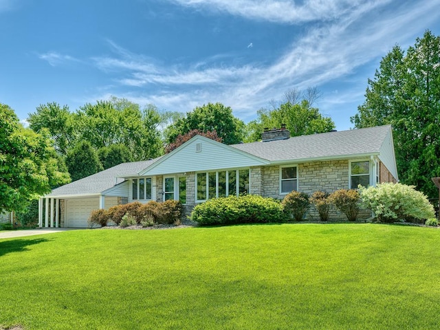 5109 Richmond Dr, Edina, MN 55436 - ranch-style house featuring stone siding, a chimney, a front yard, a garage, and concrete driveway