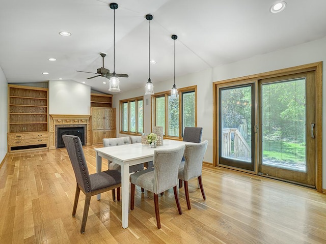 5109 Richmond Dr, Edina, MN 55436 - dining space featuring lofted ceiling, a ceiling fan, plenty of natural light, a fireplace, and light wood-style flooring