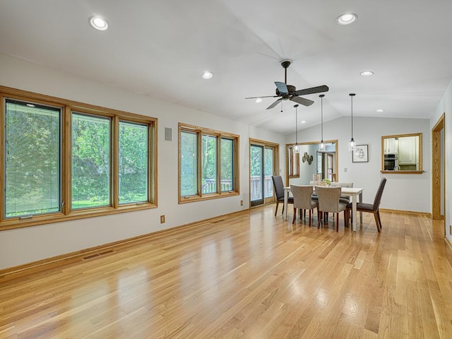 5109 Richmond Dr, Edina, MN 55436 - dining space featuring vaulted ceiling, light wood-type flooring, ceiling fan, baseboards, and recessed lighting