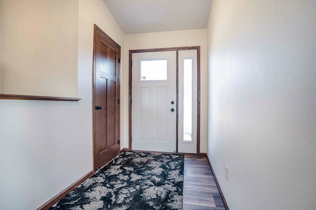 doorway with plenty of natural light, baseboards, and wood finished floors