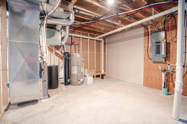 unfinished basement featuring electric panel, heating unit, and water heater