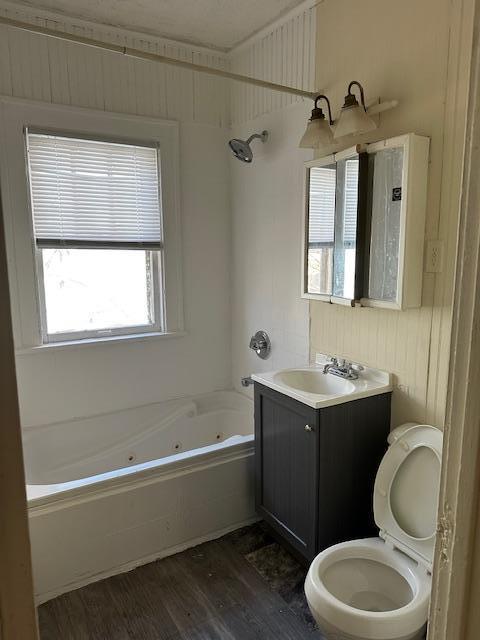 bathroom with toilet, wood finished floors, vanity, and a combined bath / shower with jetted tub