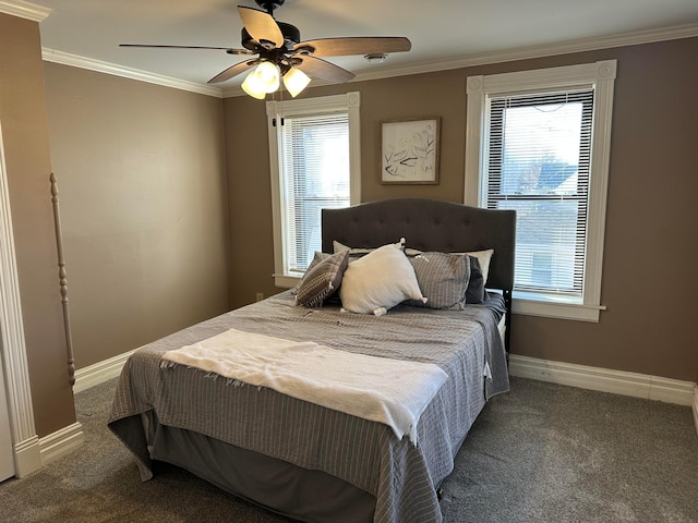 bedroom with multiple windows, carpet, and ornamental molding