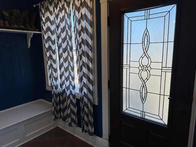 bathroom with tile patterned floors and a shower with shower curtain