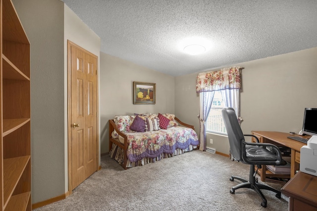 bedroom with baseboards, a textured ceiling, carpet flooring, and vaulted ceiling