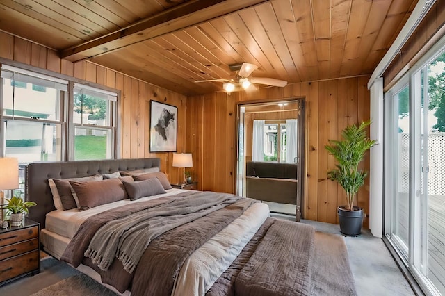 bedroom with access to exterior, wood ceiling, and wood walls