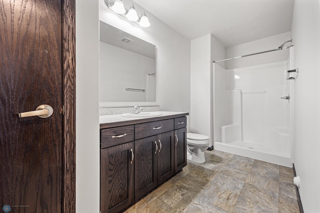 full bathroom with a shower, visible vents, toilet, and vanity