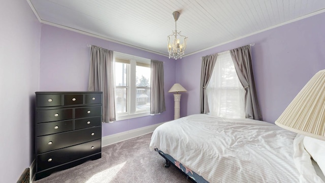 carpeted bedroom with an inviting chandelier, crown molding, and baseboards