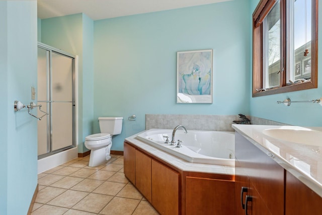 full bathroom featuring toilet, a tub with jets, a shower stall, and tile patterned flooring