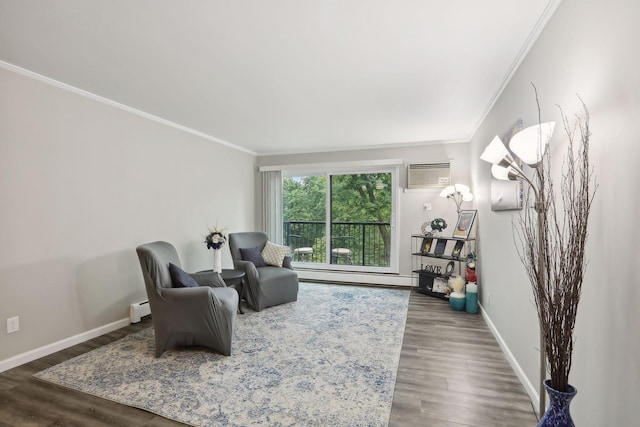 sitting room with a wall mounted air conditioner, ornamental molding, wood finished floors, and a baseboard radiator