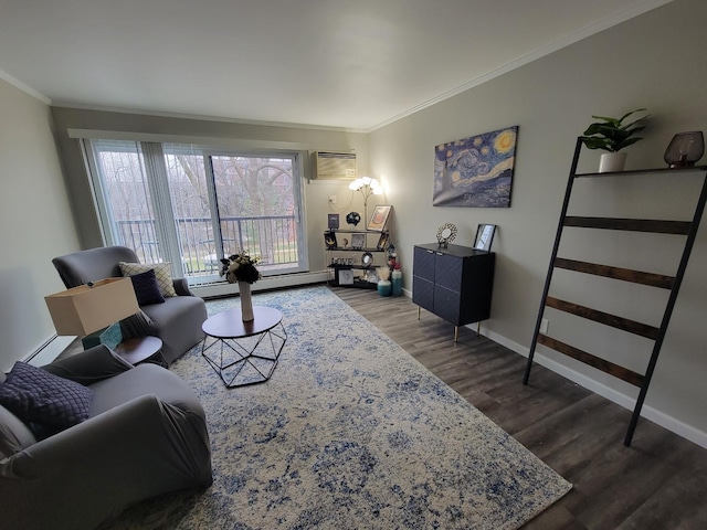 living area featuring baseboards, a wall mounted AC, dark wood finished floors, a baseboard heating unit, and crown molding