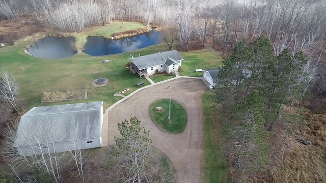 drone / aerial view with a water view