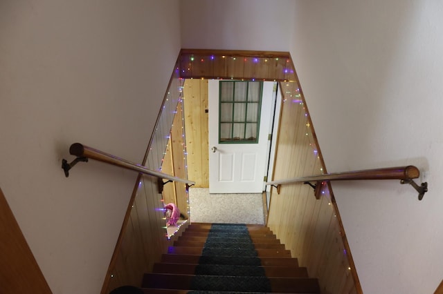 stairs featuring carpet flooring