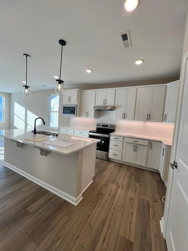 kitchen featuring dark wood-style floors, a sink, white cabinets, under cabinet range hood, and appliances with stainless steel finishes