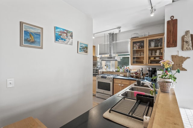 kitchen with wall chimney exhaust hood, dark countertops, stainless steel range with gas cooktop, glass insert cabinets, and a sink
