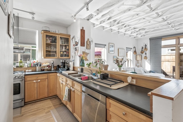 kitchen with a sink, dark countertops, appliances with stainless steel finishes, and light wood-type flooring