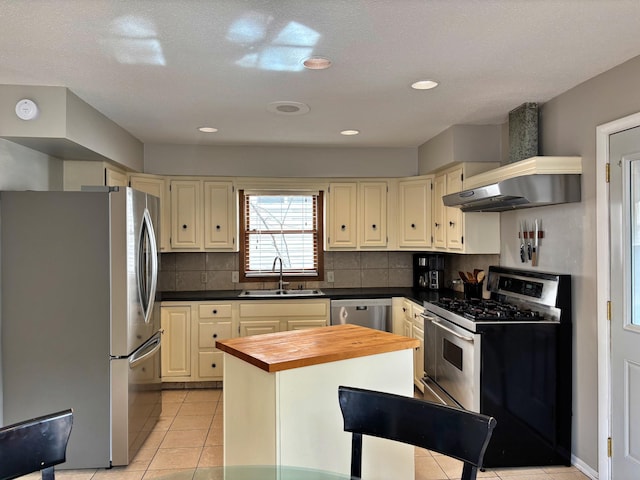 kitchen with a sink, decorative backsplash, stainless steel appliances, wall chimney exhaust hood, and butcher block counters