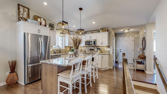 kitchen with white cabinetry, dark wood-type flooring, tasteful backsplash, and appliances with stainless steel finishes