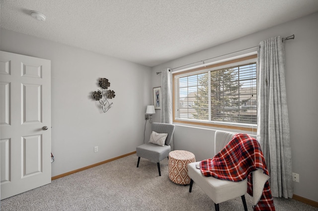 living area featuring baseboards, carpet, and a textured ceiling